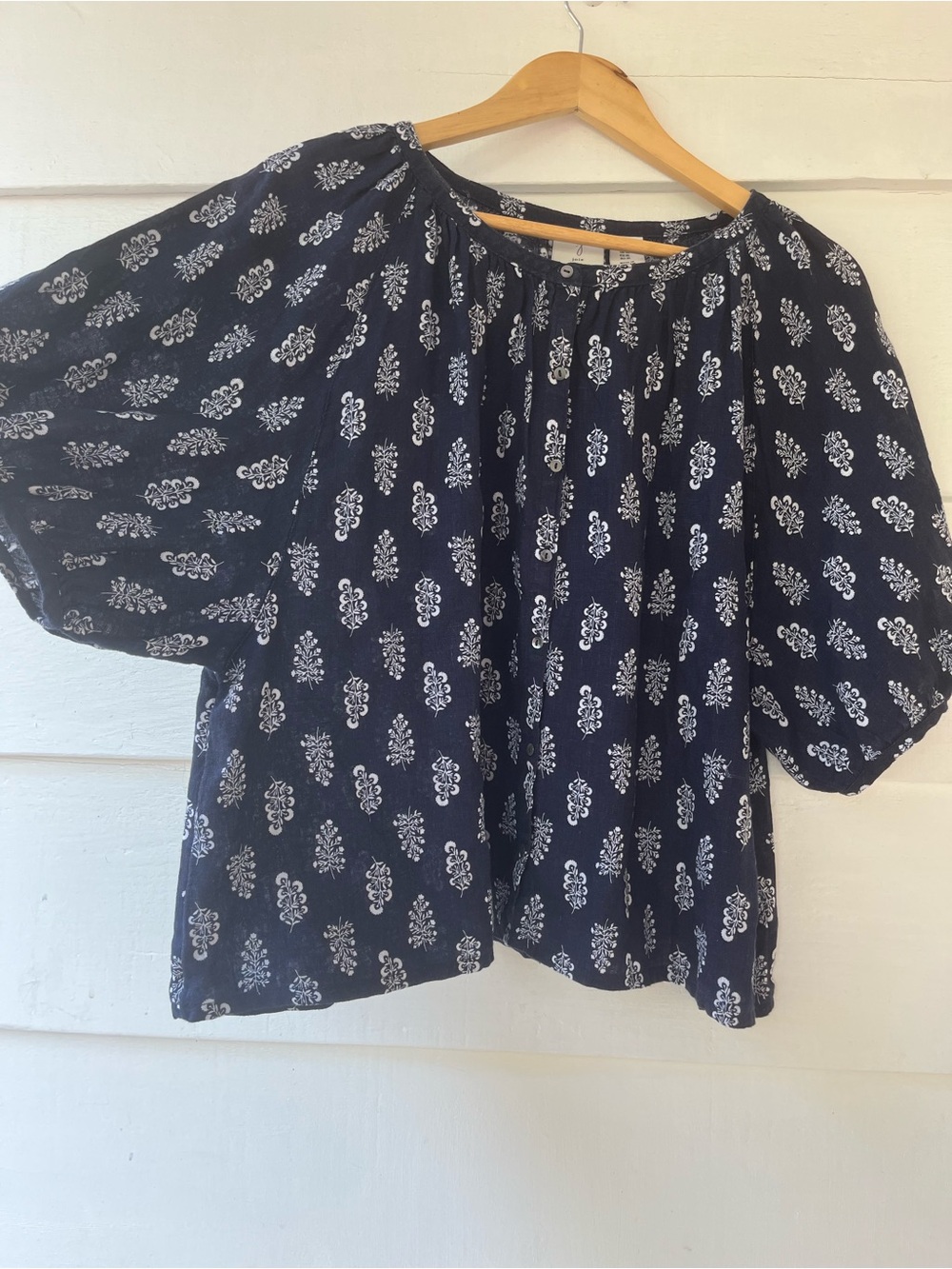 Joie Women’s Navy Blue Printed Peasant Top Boxy Button Up 100% Linen XL